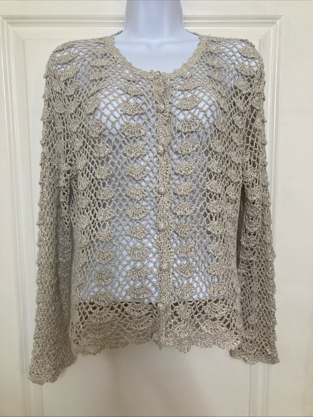 Vintage Beige Linen Crochet Open Knit Cardigan Sweater Cottagecore Boho Sz M
